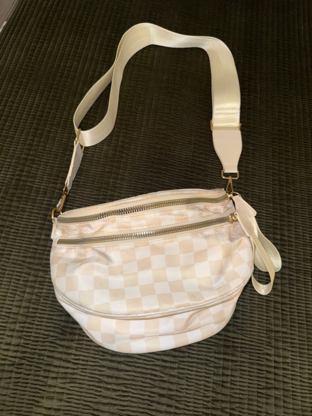 Cream Check Pattern Crossbody Bag with Adjustable Strap
